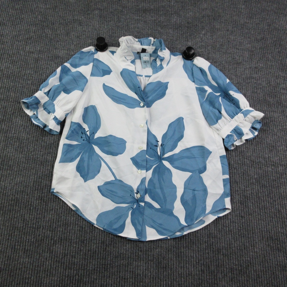 Ann Taylor Blouse Womens XS Petite White Floral 3/4 Sleeve Ruffle Button NWT
